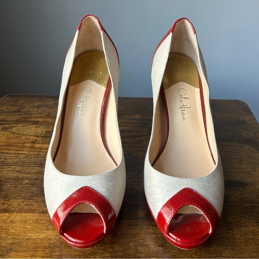 Cole Haan Nike Air Red and White Linen Open Toe Heels Pumps - 6.5 Women’s